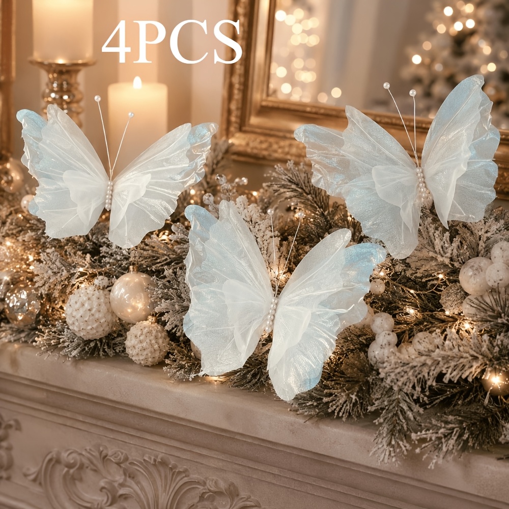 TEMU 4pcs/5pcs Large Hangable Christmas Butterflies, Pearlescent White Tulle Pearl Butterflies Christmas Decor, Christmas Tree Fireplace Wreath Soft