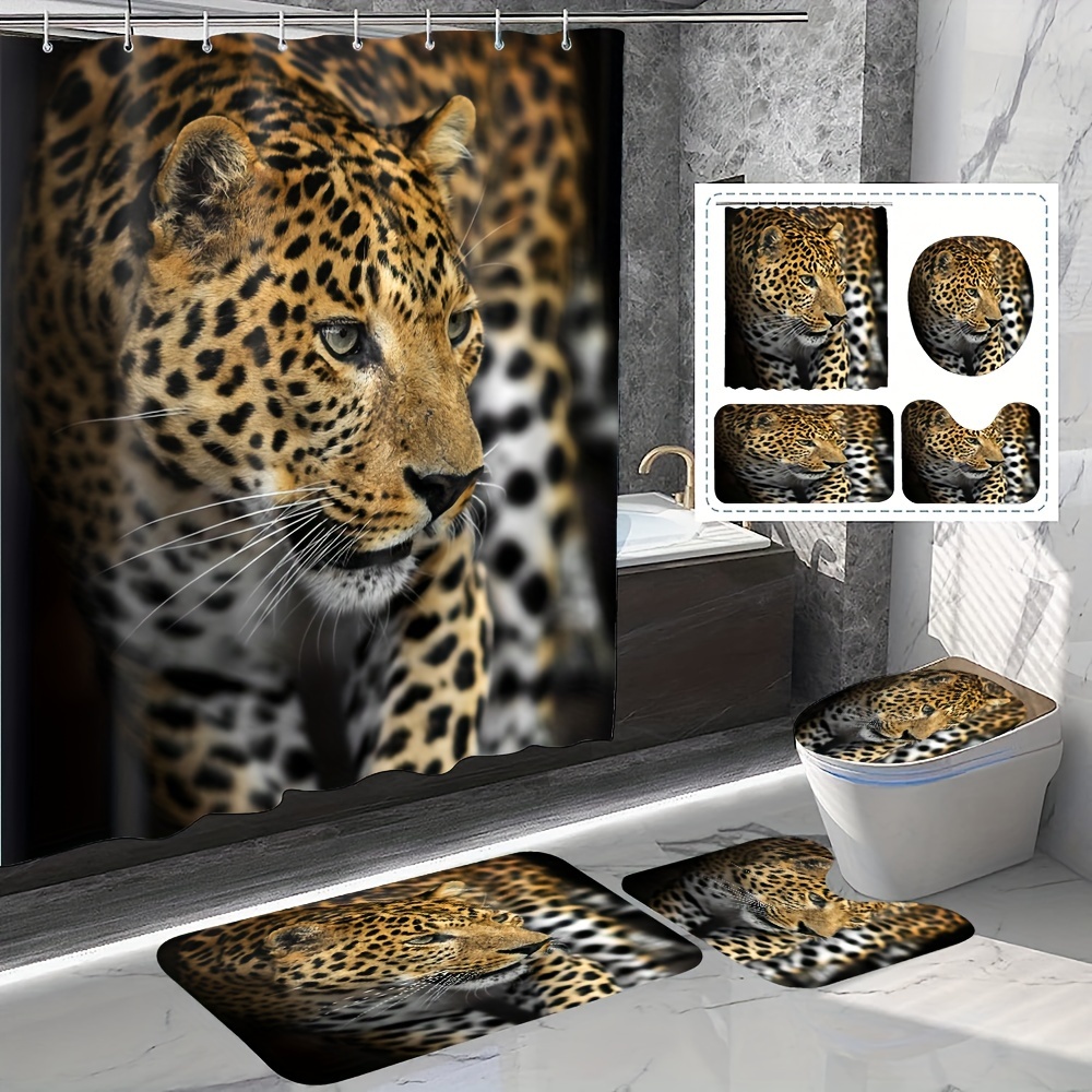 

1/4pcs Leopard Patterned Bathroom Shower Curtain Set, Waterproof Curtains With Plastic Hooks, Animal Printed Bathroom Carpet, U-shaped Mat, Toilet Lid Pad, Decorative Bathroom , Bathroom Accessories