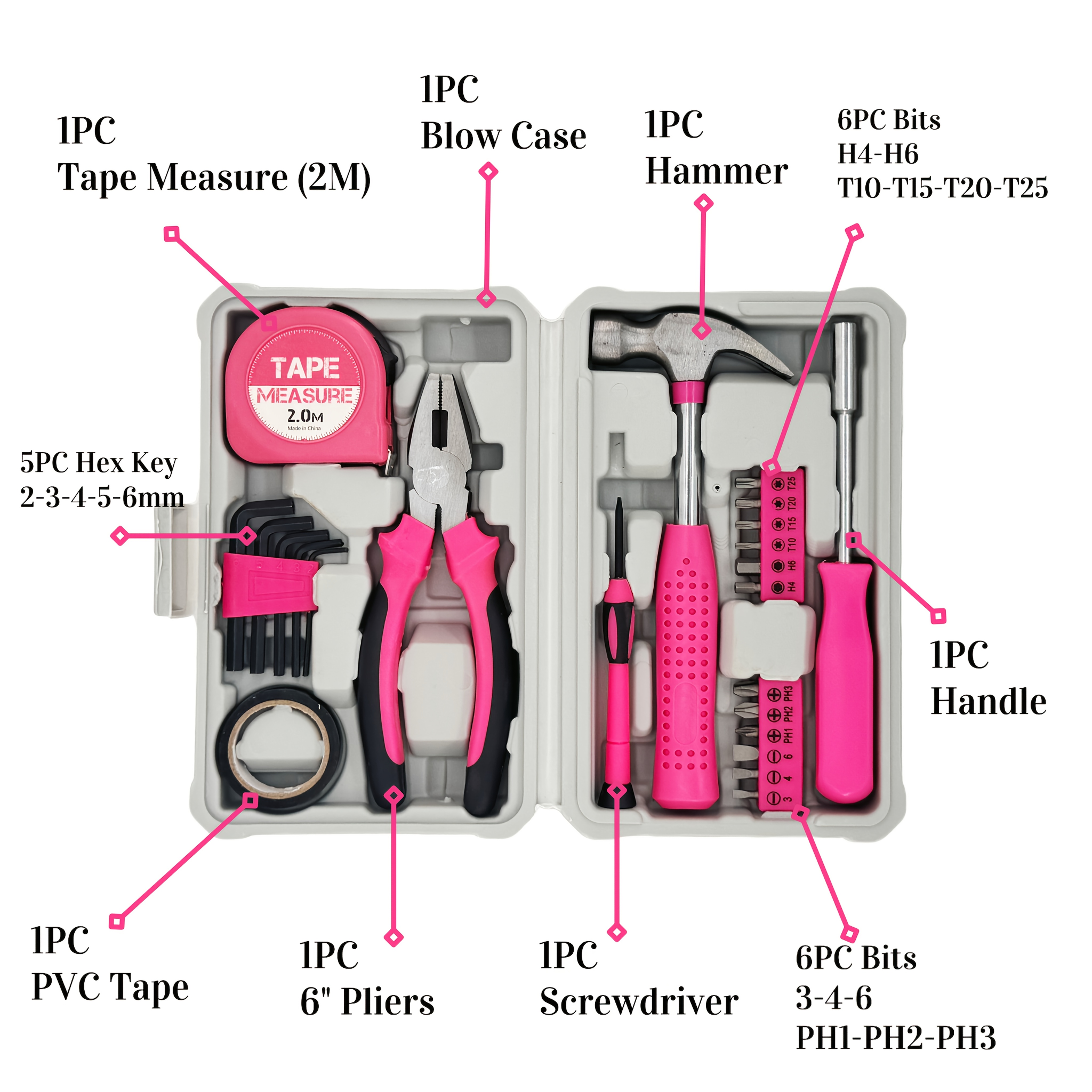 TEMU Kit d'outils à main rose 24 pièces avec clés, pinces, tournevis, marteau à griffe, mètre ruban, résistant à la corrosion, haute , pour kit