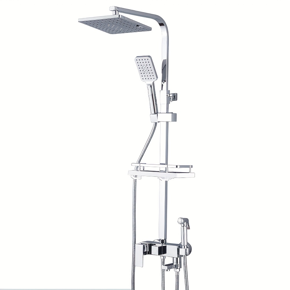 Image of Rain Shower Shower Set Shower System With Shelf Chrome Shower Rail Set With Overhead Shower, Hand Shower, Hose, Chrome Brass, Stainless Steel, Height-adjustable For Bathroom