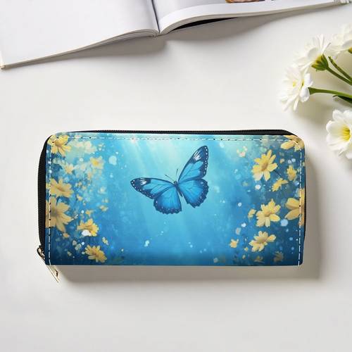 a long wallet featuring a blue in sunlight with a zipper suitable for women and men this multifunctional purse card holders card slots and a pouch it boasts a stylish double sided pattern