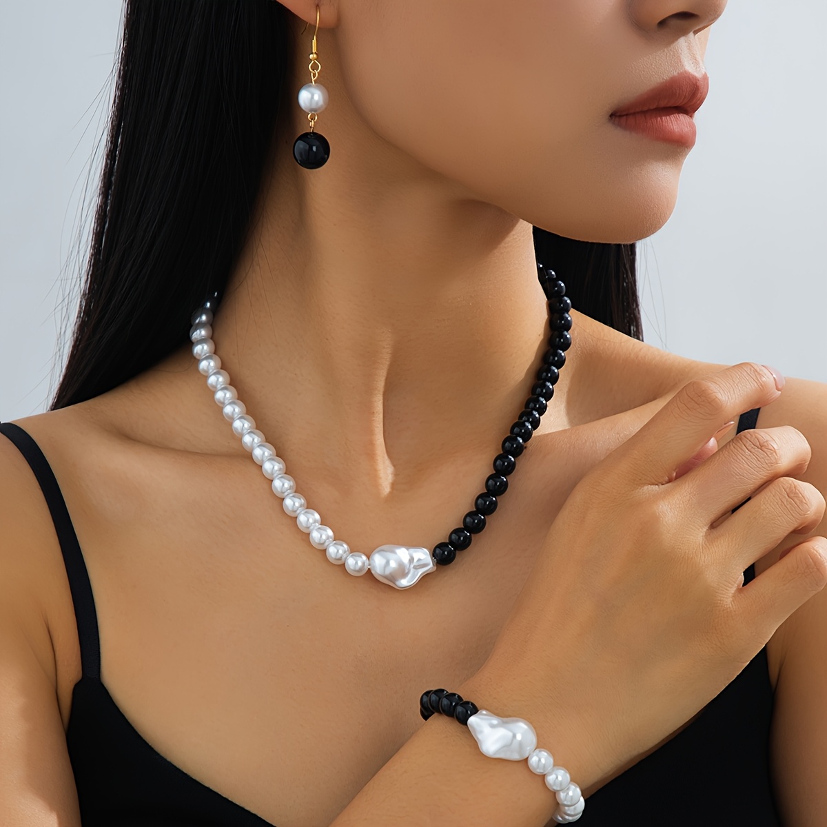 TEMU Ensemble 3 pièces nouveau collier clavicule personnalisé avec et blanches, style rétro et tempérament, boucle d'oreille et bracelet, idéal pour