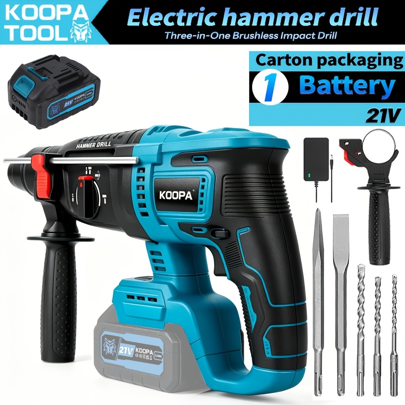 Image of Koopa Tool 21v Brushless Rotary Hammer Drill, Kit, Equipped With Sds-plus Drill Bit, Auxiliary Handle And Fast Charger, Suitable For Concrete, Wood, Metal Drilling And Renovation, Strong Torque.