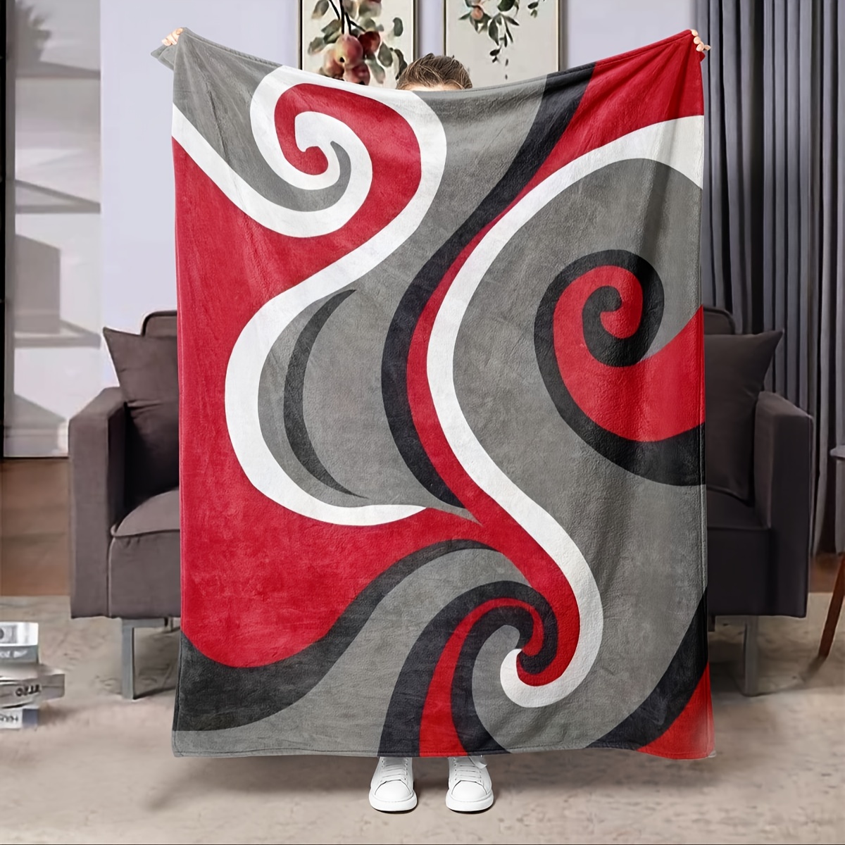 

Red, Black & White Swirl Flannel Throw Blanket - Bed, Sofa, Office, Or Camping | Machine Washable Polyester, Whirlpool Theme, Flannel Blanket, Super Soft, Machine Washable