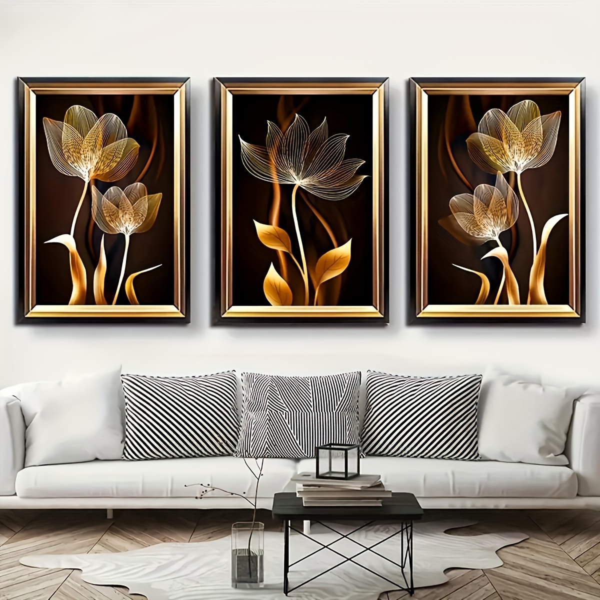 

3pcs Art Deco Golden Floral Canvas Set, Modern Abstract Flower Posters, Wood Prints For Home Office, Living Room, Bedroom Decor - Indoor Orientation