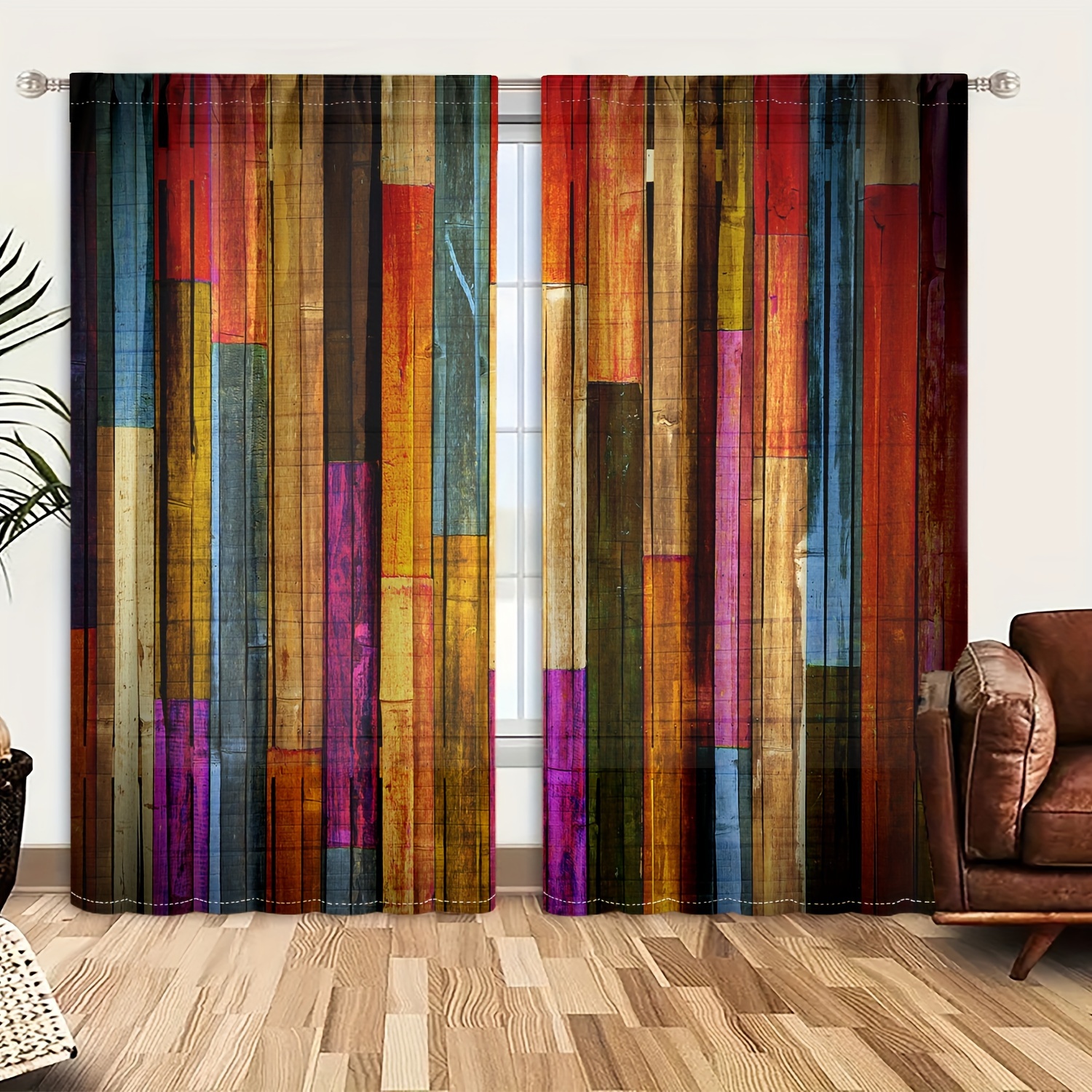 TEMU 2pcs Rustic Chic Curtains - Colorful Painted Rod , Western Country Style, Cottage Farmhouse Wooden Door Print Polyester Curtains For Living Room Bedroom Windows Home Decor - , Machine Washable