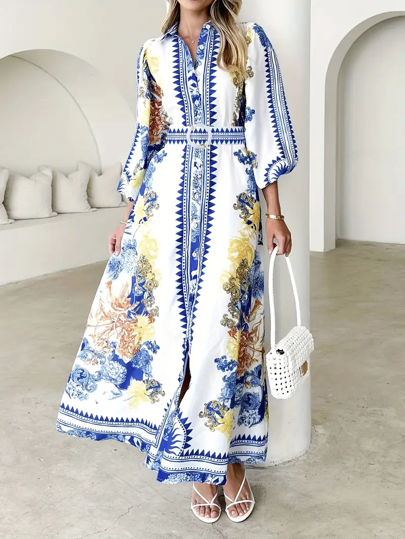 womens casual floral print long sleeve dress with lapel collar and belt polyester a line maxi dress woven fabric for Product details 1