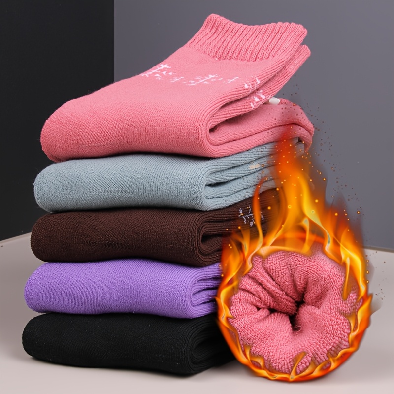 TEMU 5-pair Winter Socks For Women, Thermal Terry Cloth Towel Socks, Thickened And Plush Mid-calf Socks, Korean Style Autumn/winter Terry Cloth Floor