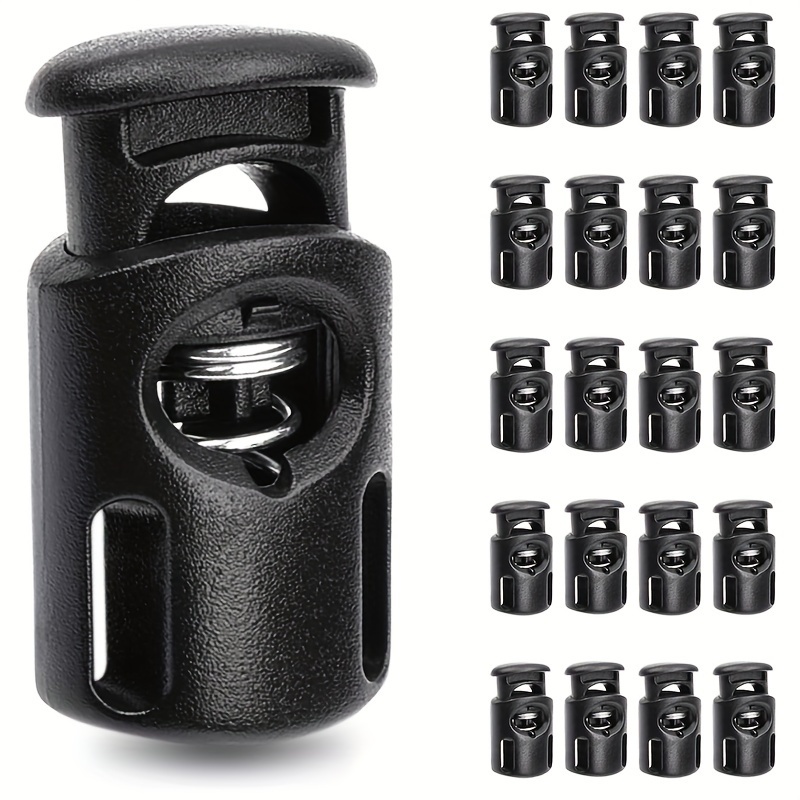50pcs of plastic spring cord locks for backpacks featuring a double hole spring mechanism for easy opening and closing suitable for hanging ropes and luggage bags in  