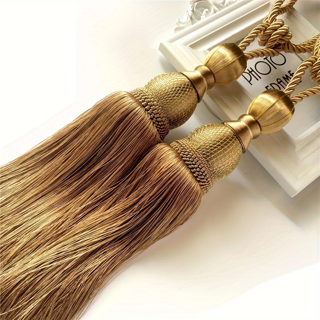 

Traditional Bronze Curtain Tassel Tiebacks: Pair Of Linen Ball Tassels With Braided Buckle, Home Decorative Window Drapery Accessories