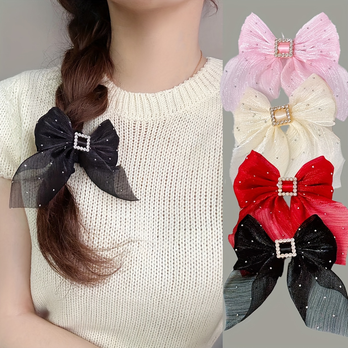 

4pcs Elegant Sweet Organza Rhinestone Bow Hair Clips Set, Fabric Bow Tie Barrettes, Fashion Accessories For Women And Teens