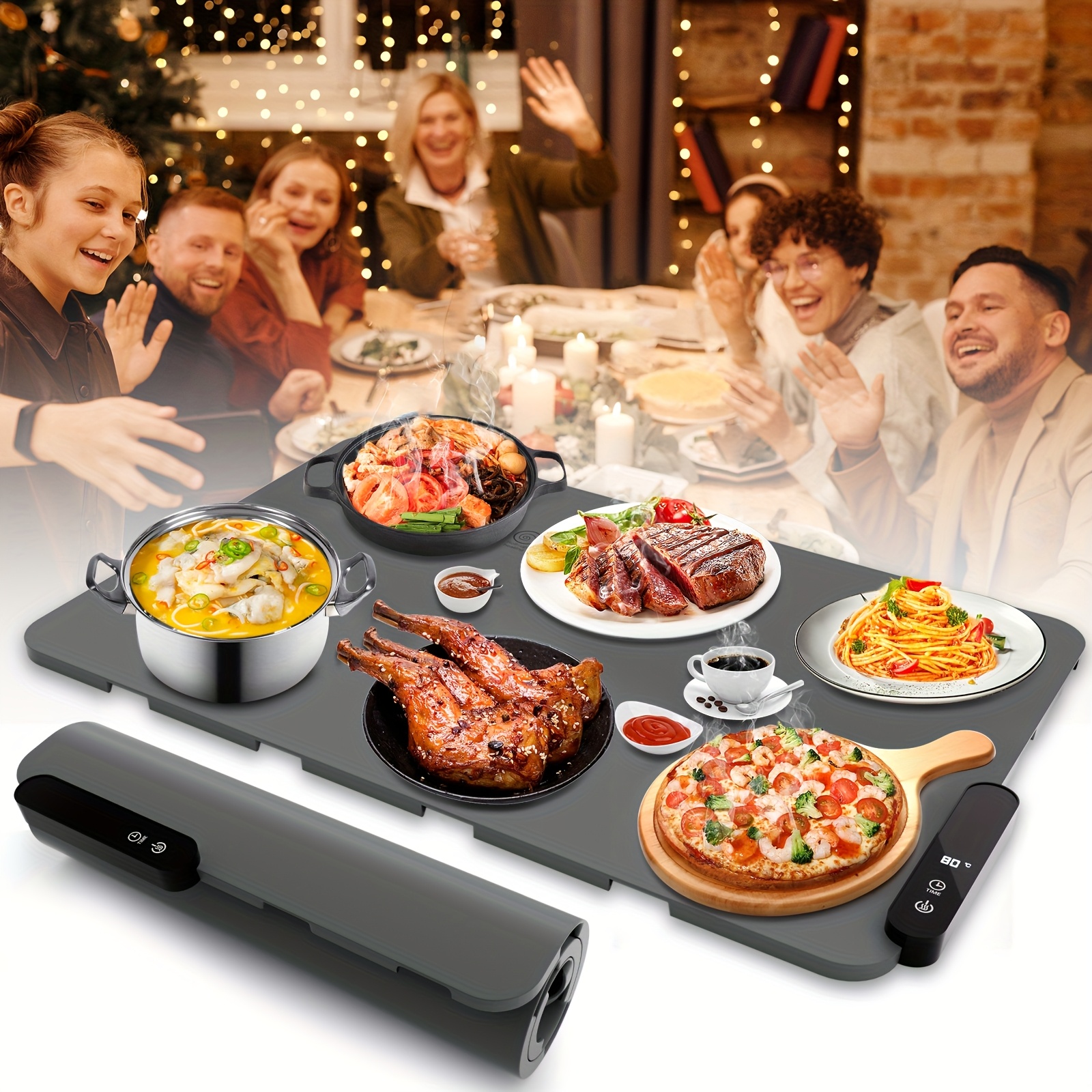 

Food Warming Mat, Upgraded Film, Fast Full Surface Electric Warming Tray With Adjustable Temperature And Timer, Roll Warmers For Parties Buffet