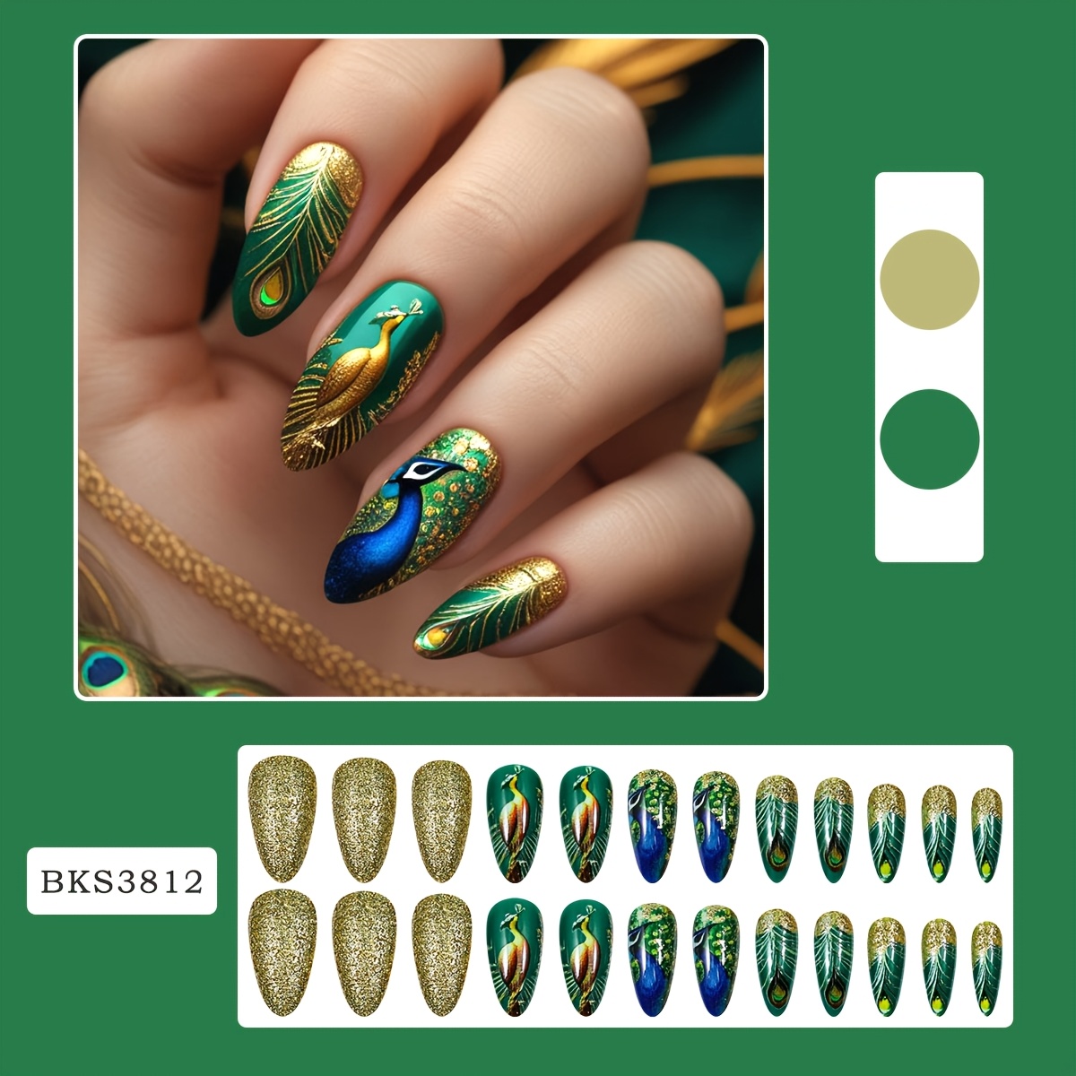E-shop 24 Stück Pfau-Mandel-Press-On-Nägel in Grün mit Gold-Glitzer-Finish, Exquisites Pfauenfeder-Künstliche-Nägel-Set