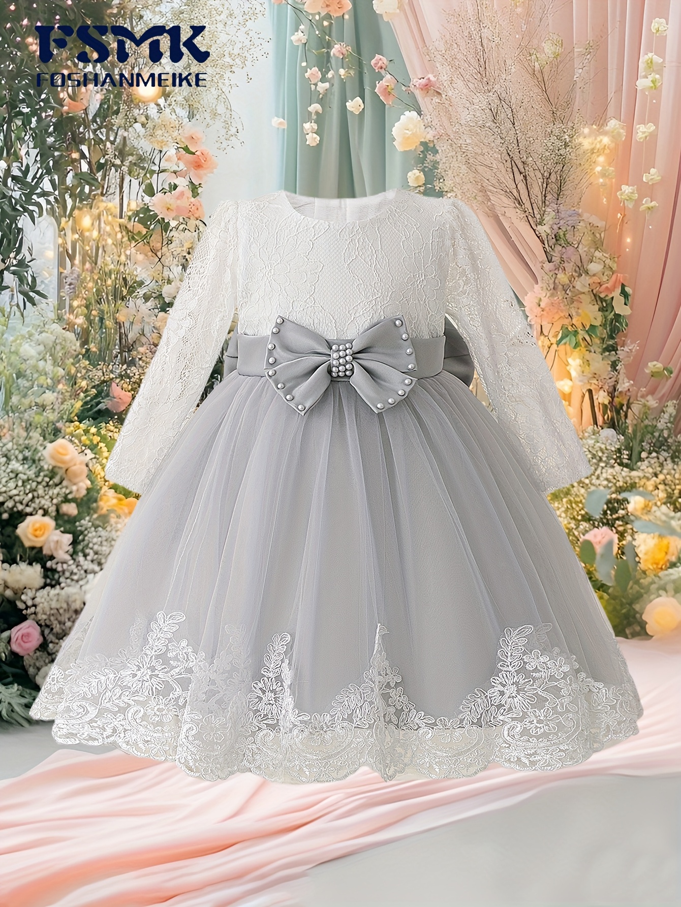 knee length dresses for ladies Cream Floral Lace Long Sleeve Mini Dress main image 1