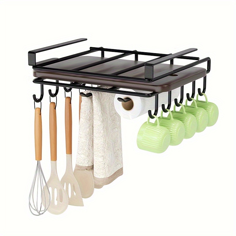 

1pc Of Kitchen Non-drilling Wall-mounted Storage Rack With Hooks, Kitchen Hanging Storage Rack Under , Used For Kitchen Utensils And Tools (black)