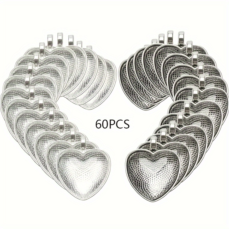 

60pcs Heart Pendant Trays With Glass Cabochons Set, Zinc Alloy Base For Diy Jewelry Making, No Power Supply Needed - Perfect For Handmade Gifts And Crafts