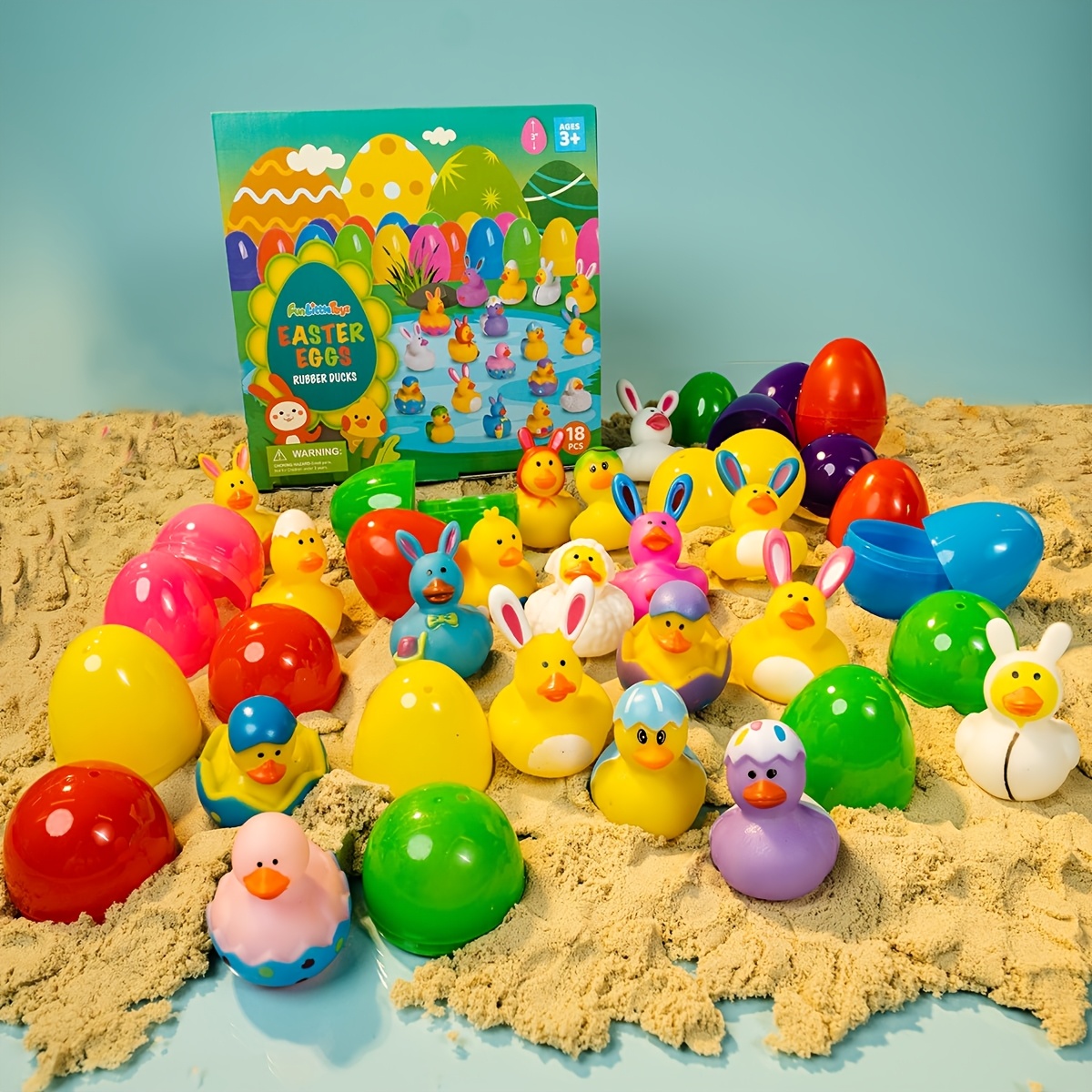 

18 Pre-filled Easter Eggs With Rubber Duckies, Bright And Colorful Easter Eggs Filled With Assorted Bunny And Duck Figures, Easter Basket Stuffers And Party Favors