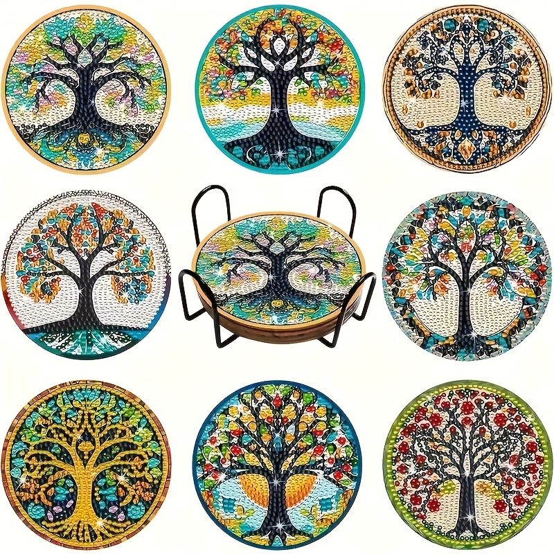 

A Set Of 8 Sets With A Stand, Tree Of Life Coaster Set, Diy Diamond Art Wooden Coaster Set, Mosaic Hand Embroidery Craft, Round Diamonds, Plant Theme, Suitable For Beginners And Adults, For Holidays