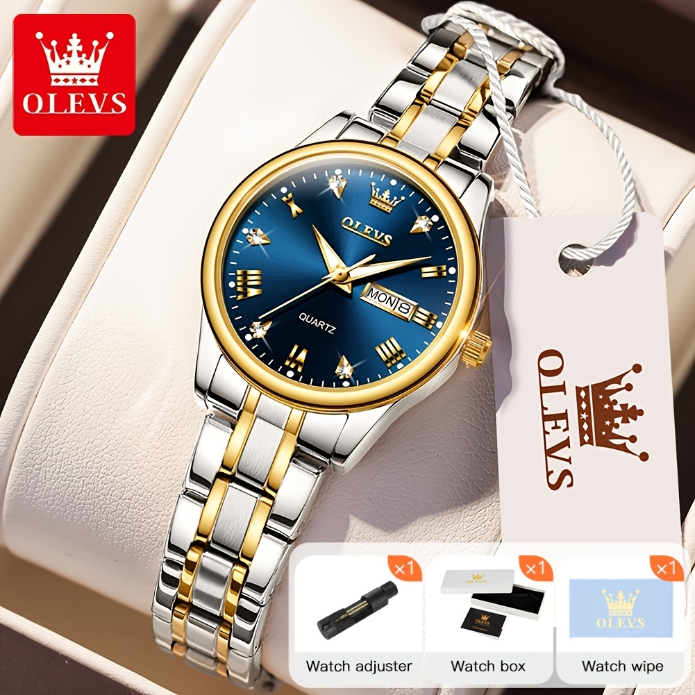 Olevs Women Watches Dress Female Ladies For Small Wrist Watch Elegant Luxury Small Face Golden Silvery Tone Stainless Steel Band Quartz Luminous Lady Watches /golden/blue Dial