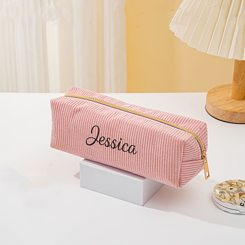 TEMU Personalized Custom Embroidered Name Pencil Case Suitable For School, Corduroy Embroidery Storage Bag With Your Own Name/initials, Desk For