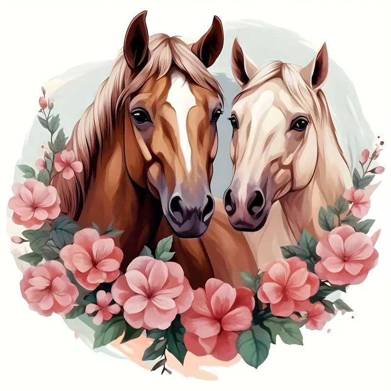 

2 Horses Wearing Stylish Iron-on Transfer Stickers On Their Clothes, With Beautiful Creative Flowers Of .