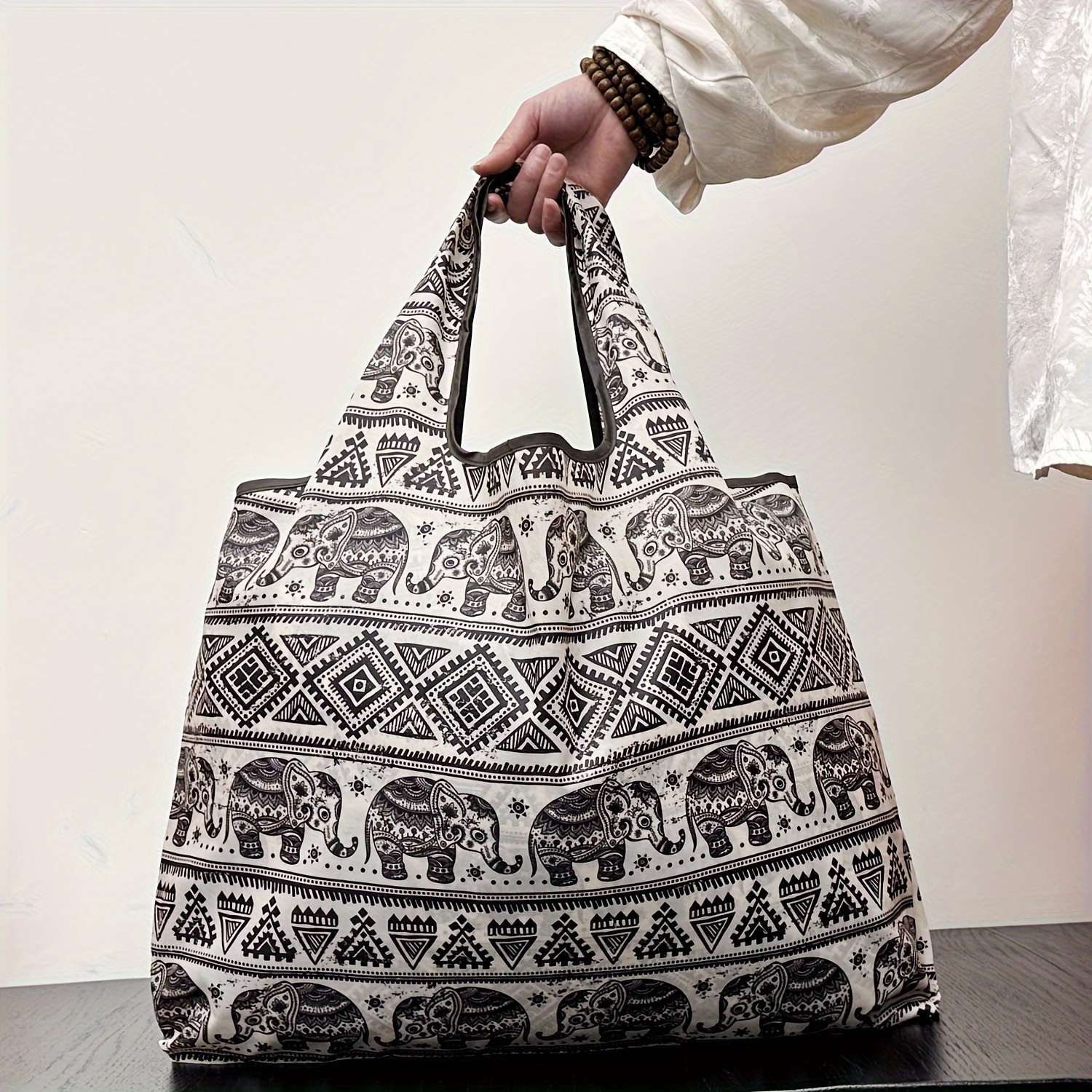 Image of Large Capacity Portable Lightweight Shopping Bag With Inner Pocket, Thai Elephant Print Pattern Outdoor Foldable Handheld Camping Travel Luggage Bag