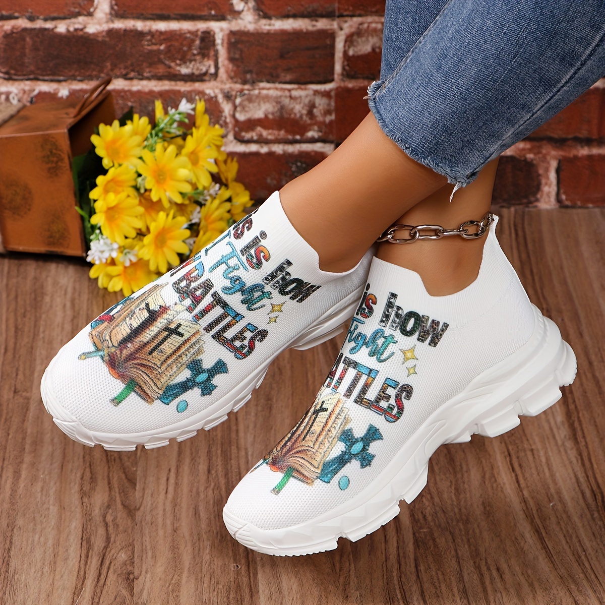 women s letter print platform sneakers breathable knit slip details 0