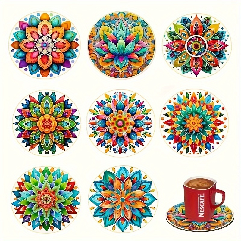 

8pcs Mandala Coaster Set - Vibrant, Heat-resistant Wooden Drink Mats 4" Diameter - Coffee & Beverages, Ideal For Home, Office, And Restaurant Decor