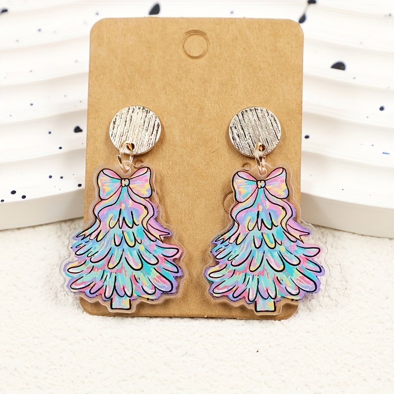 TEMU A Pair Of Christmas Earrings Featuring Cute Bow-shaped Colorful Christmas Trees, Made Of Alloy And Acrylic. Festive Jewelry Pieces Are Perfect