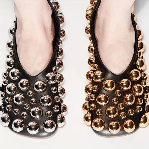 black ballet flat shoes with golden and silvery pearls suitable for and