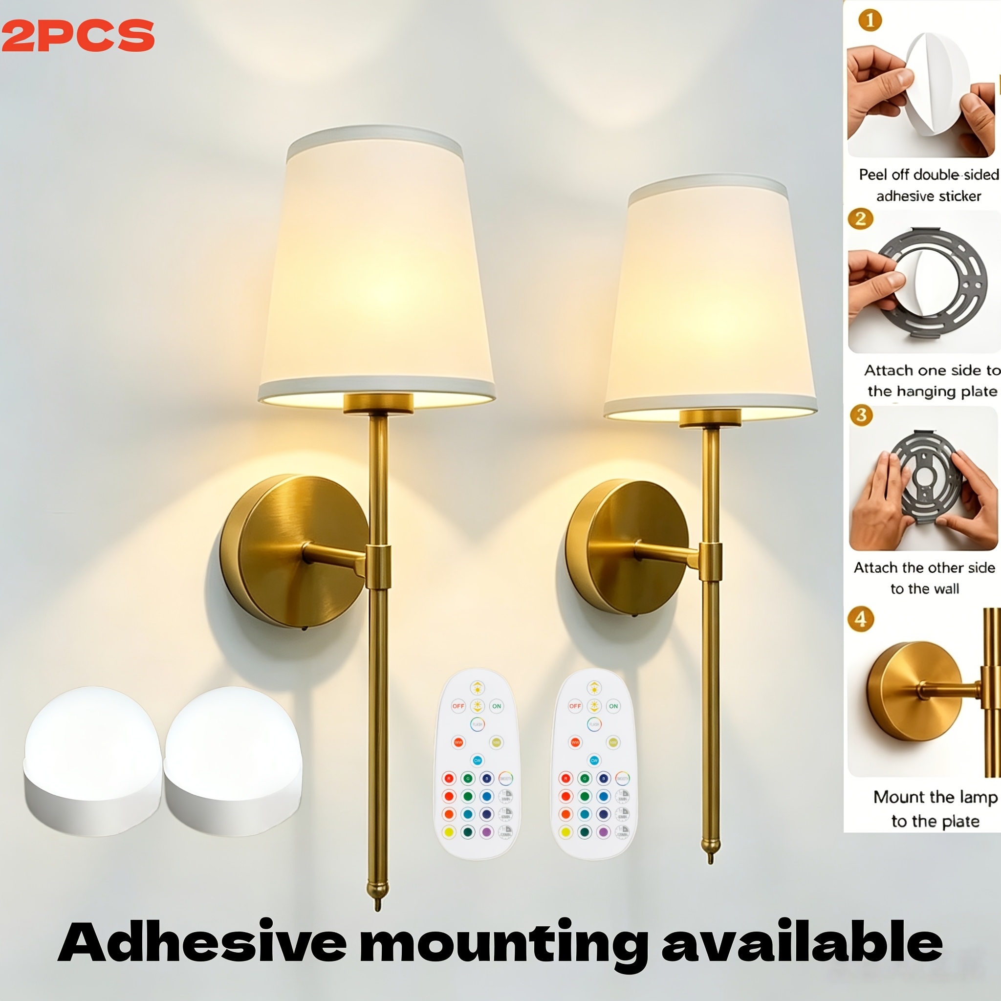 TEMU Rechargeable Wireless Wall Lamp Set (2-pack), 4600mah Rechargeable Wall Lamps, 18 Color Options And 3 Timer , Removable Lampshades, Black And