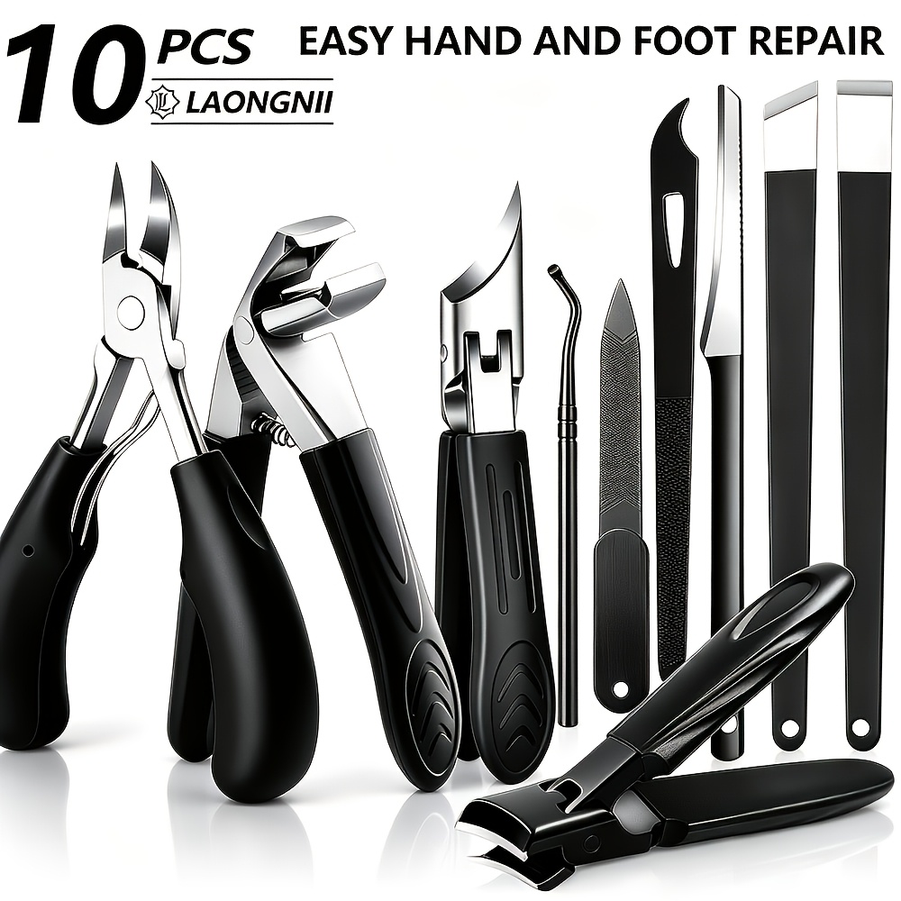 Image of Laongnii 10pcs Heavy-duty Nail Clipper Set | Black Handle Stainless And Foot Care Tools | Thick Nail Embedded Nail Pliers | Cuticle Pusher Cuticle Scraper | Unisex For Men, Women, Elderly