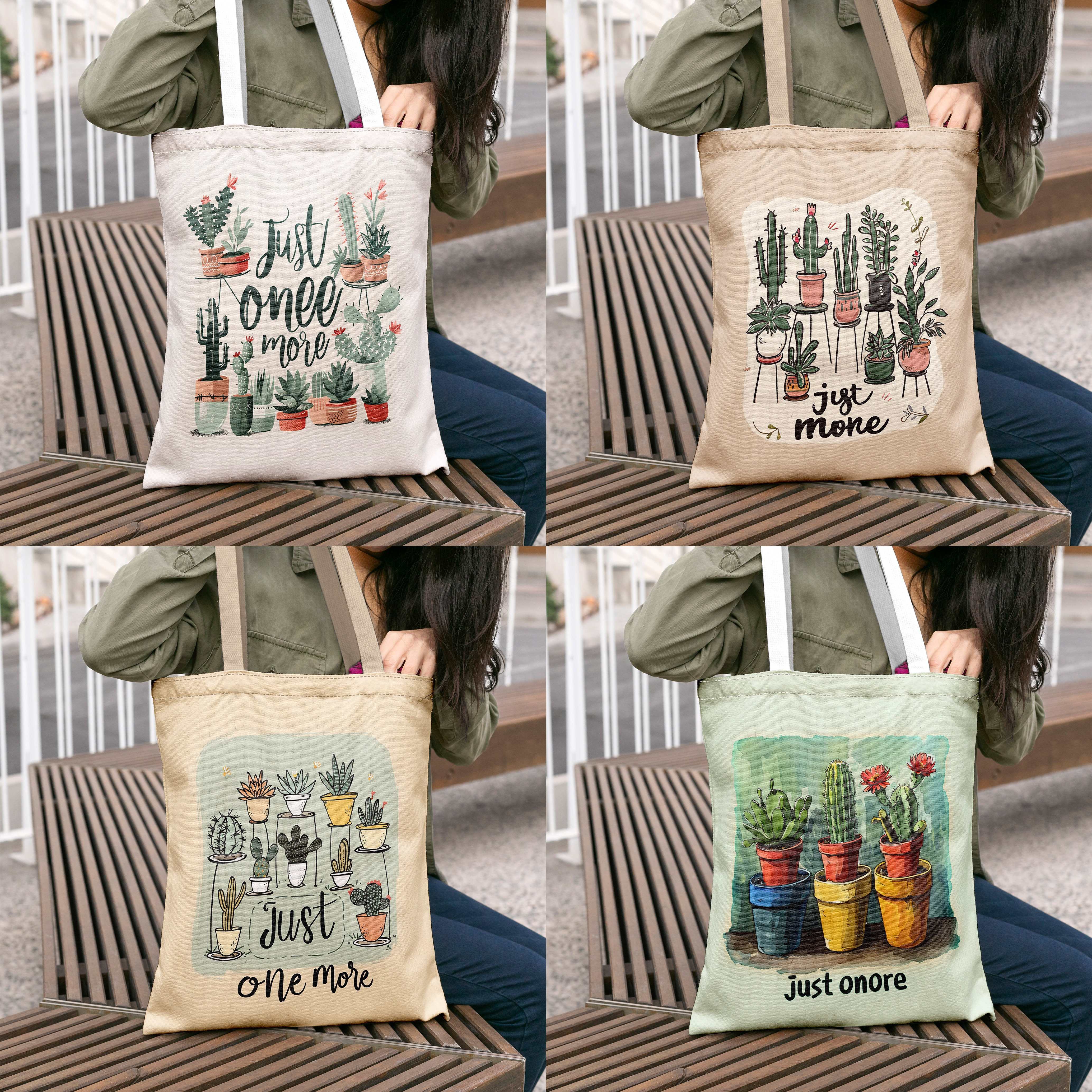 

Canvas Tote Bags With Succulent Plant Prints, Large Casual Shoulder Bag For Plant Lovers, Shopping Bag