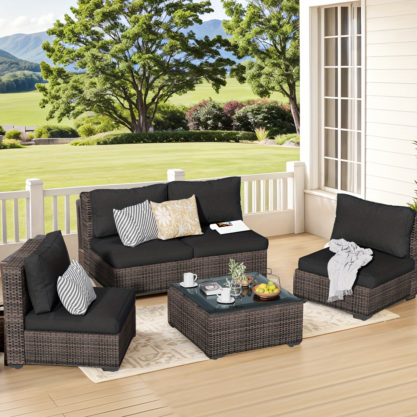 

5 Piece Patio Furniture Set With Glass Table, Wicker Rattan Outdoor Patio Sectional Conversation Set