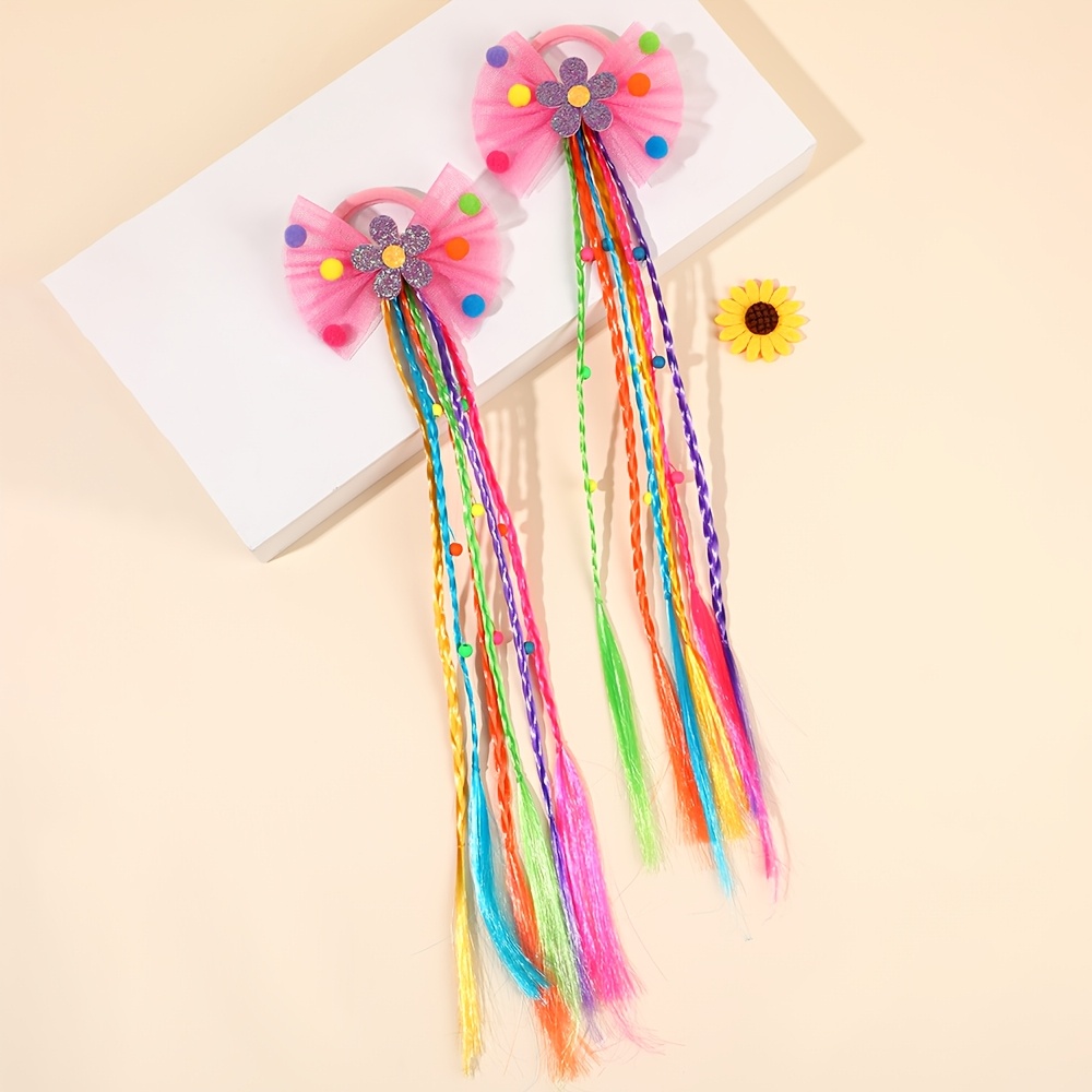 TEMU 2pcs Colorful Braided Bead Bow Party Hair Accessories, Colorful Tassel Hair Accessories With Flower & Pom Bead Hair Accessories, Cute Hair