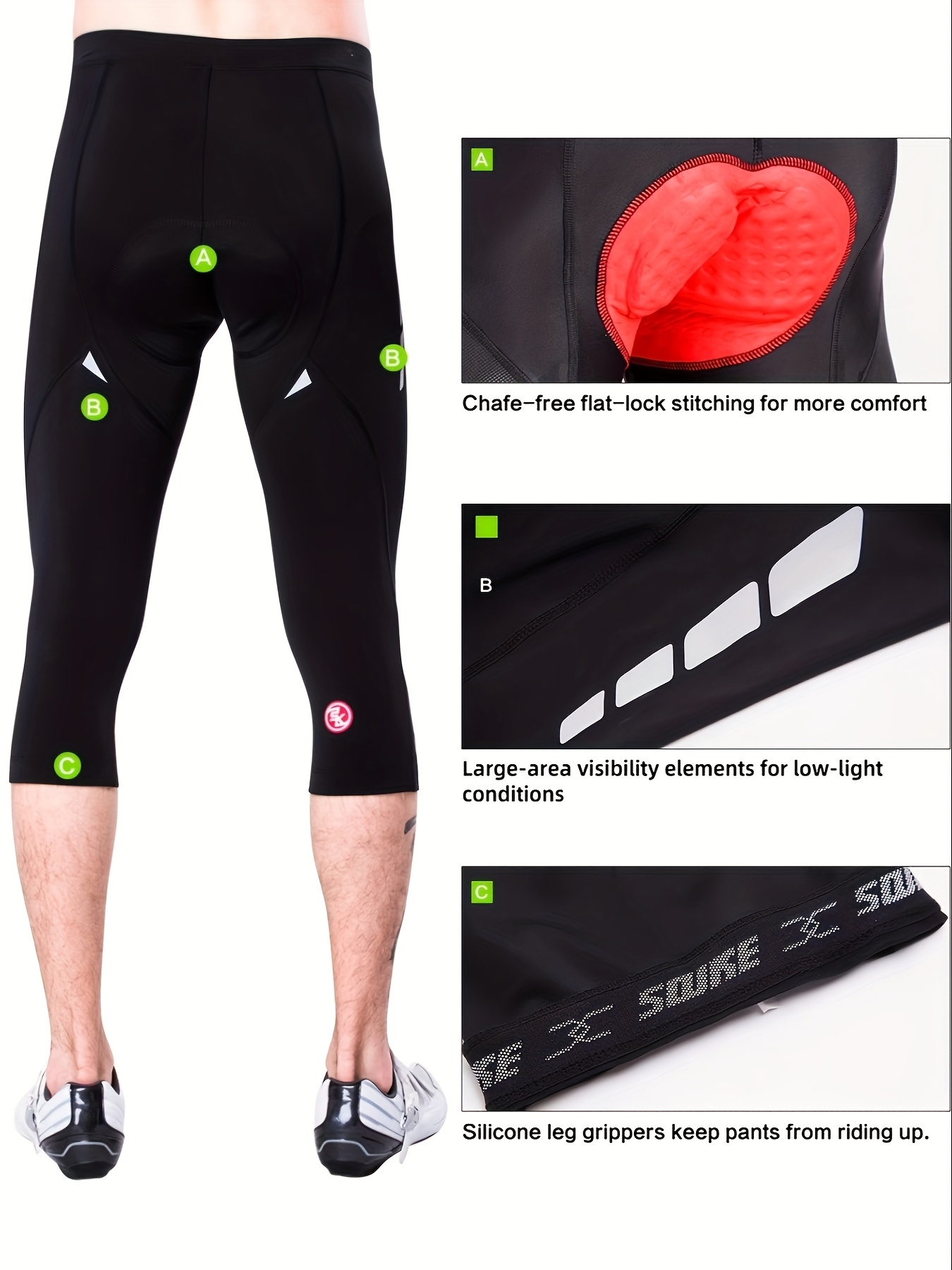*'s 3/4 Cycling Pants Breathable Mesh Wide Waistband, Reflective  Ele*ts, Silicone Leg Grippers *-Free Stitching