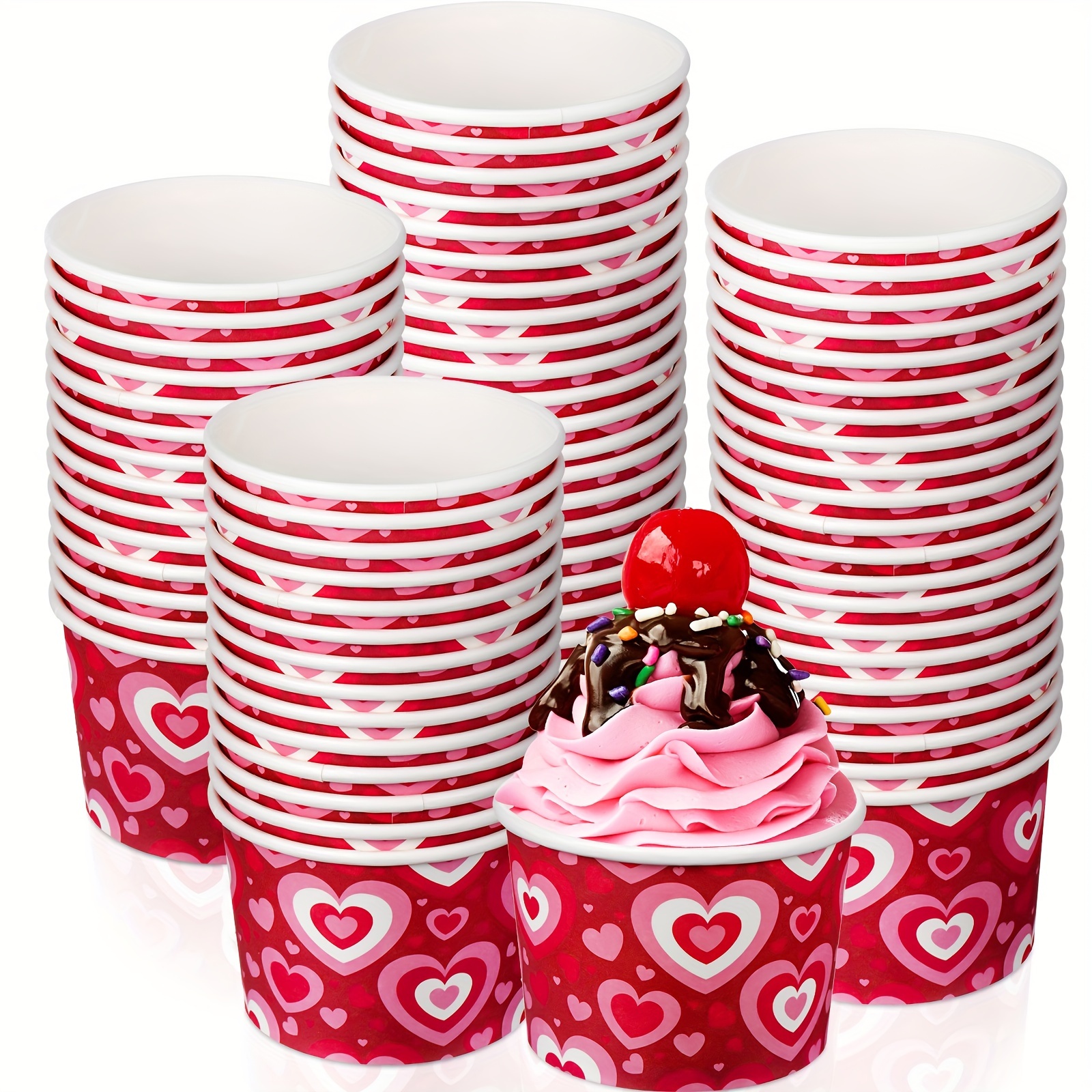 

100 Pcs Valentine's Day Ice Cream Cups 9 Oz Paper Snack Cups Valentines Heart Disposable Soup Bowls White Soup Cups For Party Hot Cold Food Snacks Containers Supplies