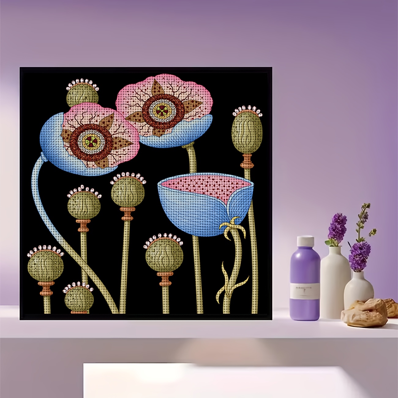DIY Cross-Stitch Printed Kit with Pink and Blue Flowers for Beginners
