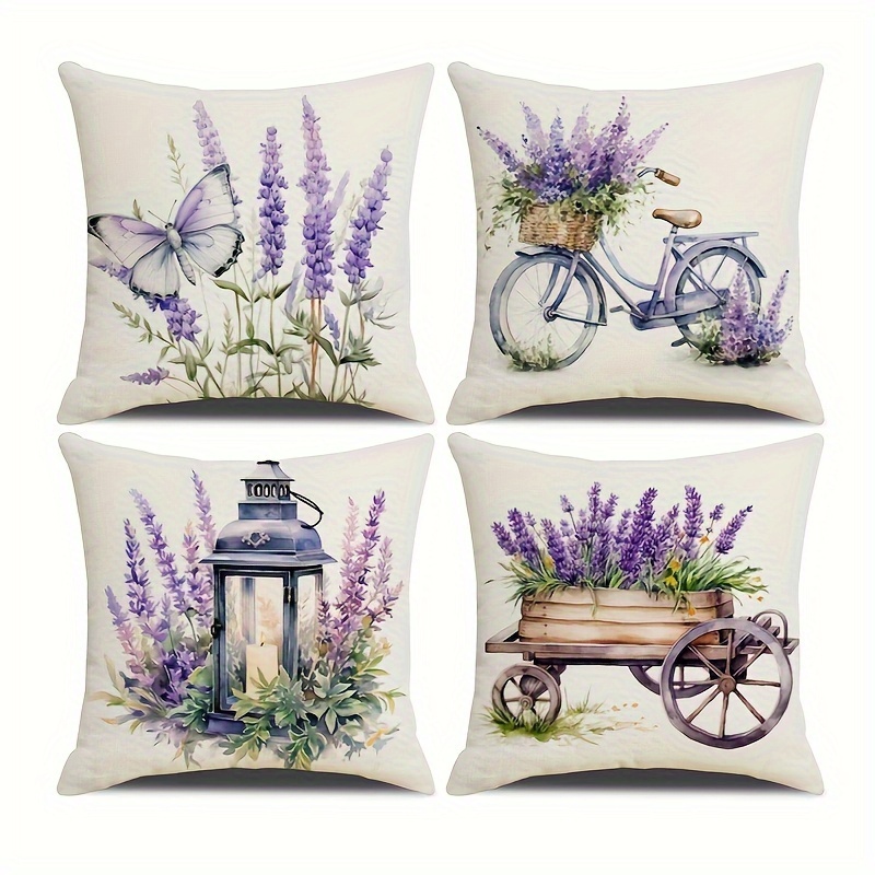 

4pcs Rustic Lavender Floral Print Throw Pillow Covers, 18x18 Inches Polyester Cushion Cases, Farmhouse Home Decor For Sofa And Couch
