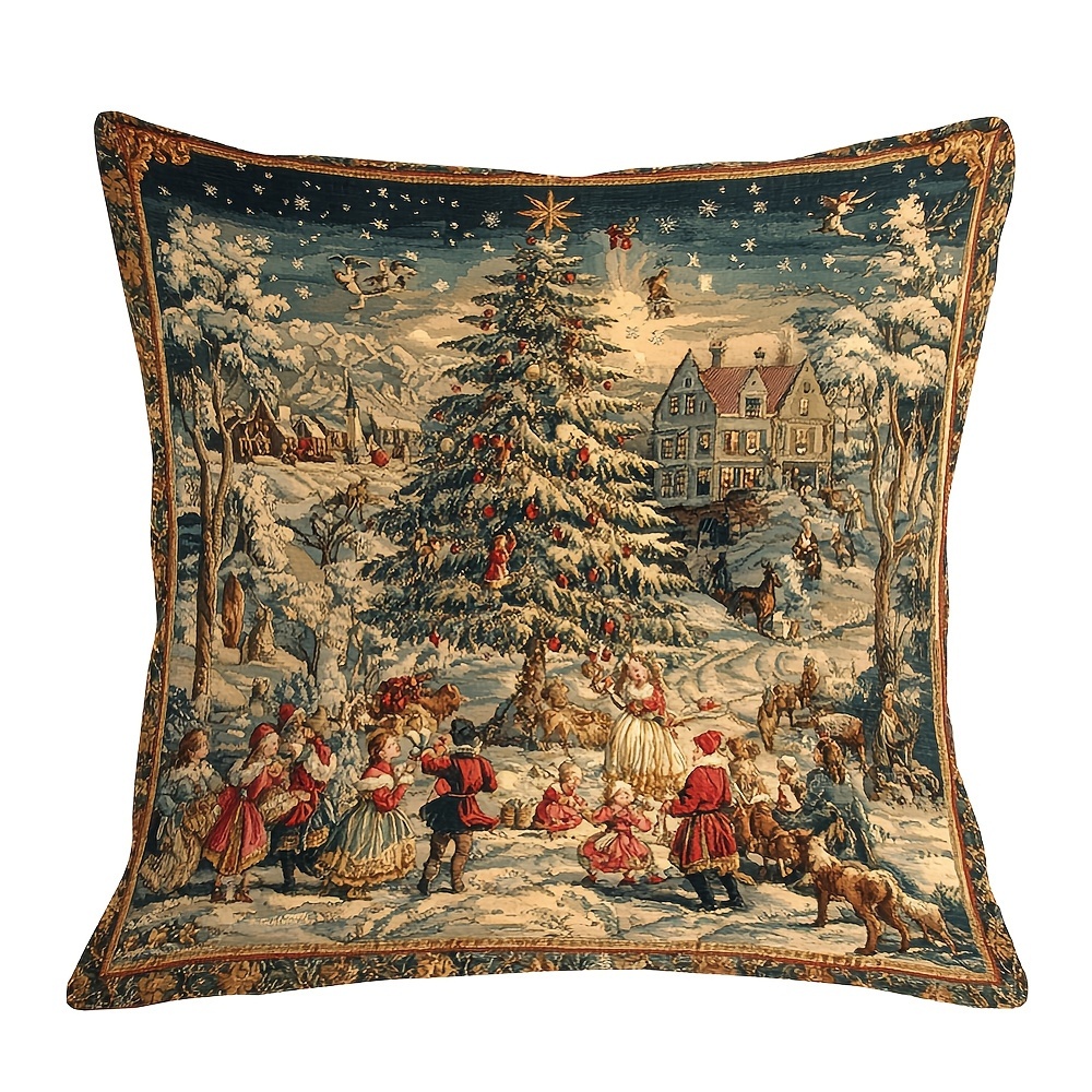 

18x18 Inch Plush Throw Pillow Cover - Antique Tapestry Design, Christmas Decor, Machine Washable (pillow Not Included)