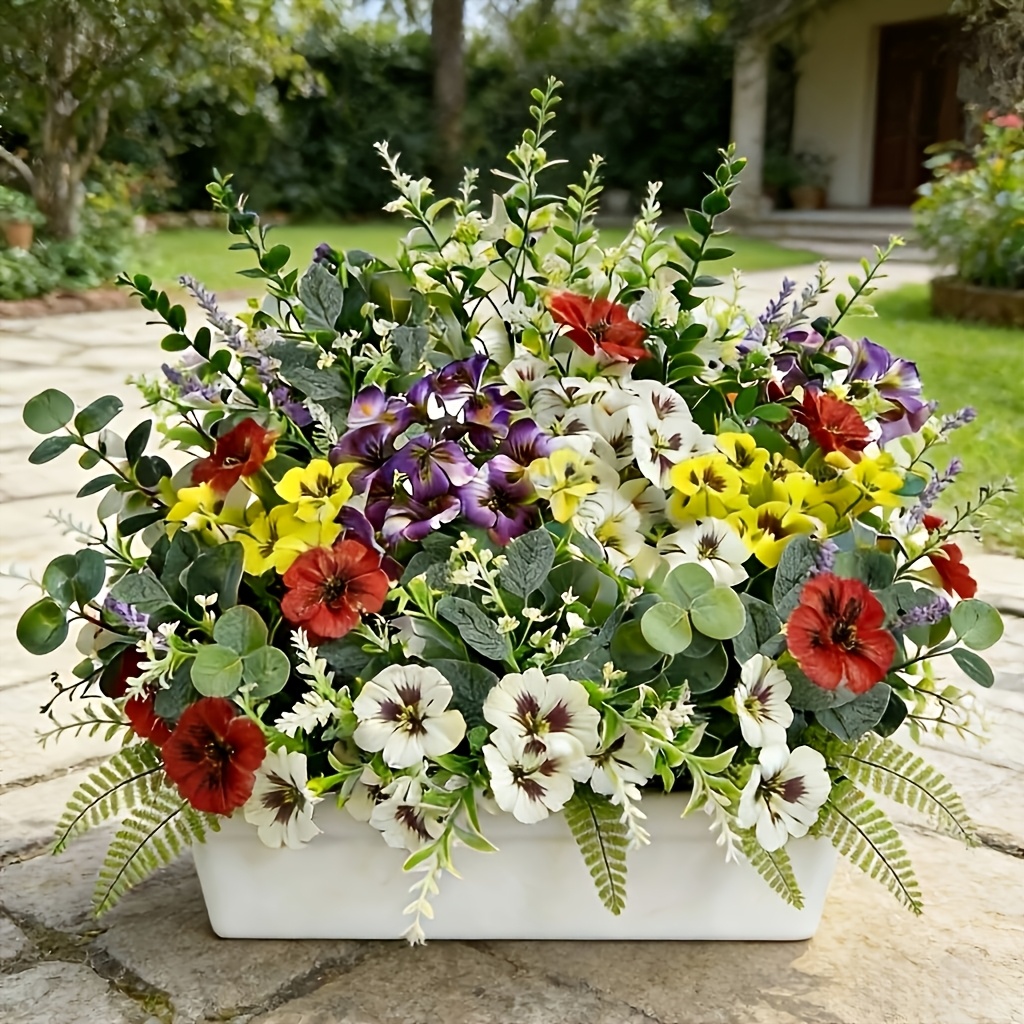 30pcs beautiful spring pansy and lavender flower arrangement bouquet uv resistant artificial flower combo   themed outdoor artificial bouquet with lavender pansies ferns and eucalyptus branches high end plant design