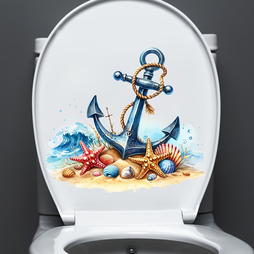 Image of 1pc, Beach Anchor Toilet Lid Sticker, , Removable Decorative Stickers Of Ocean, Beach, Shell And Boat Anchor Pattern For Home Decoration, Bathroom, , Hallway Decoration.