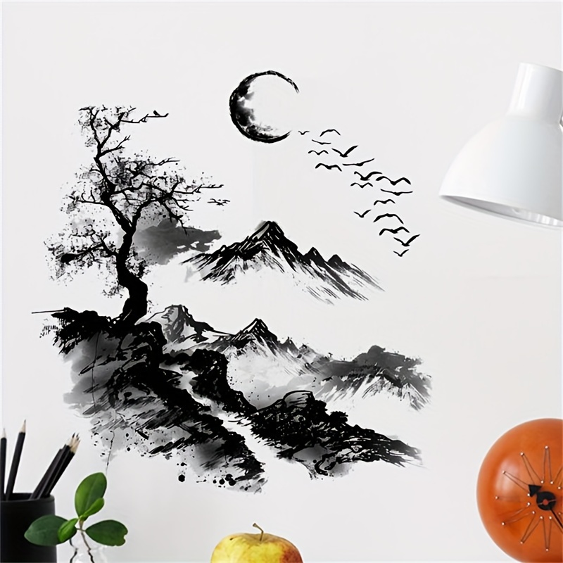 Image of 2d Flat, 2d Flat, 1pc Ink Painting Mountain Trees Home Bedroom Living Room Background Decoration Beautifying Wall Sticker Self-adhesive, Halloween Christmas Decor