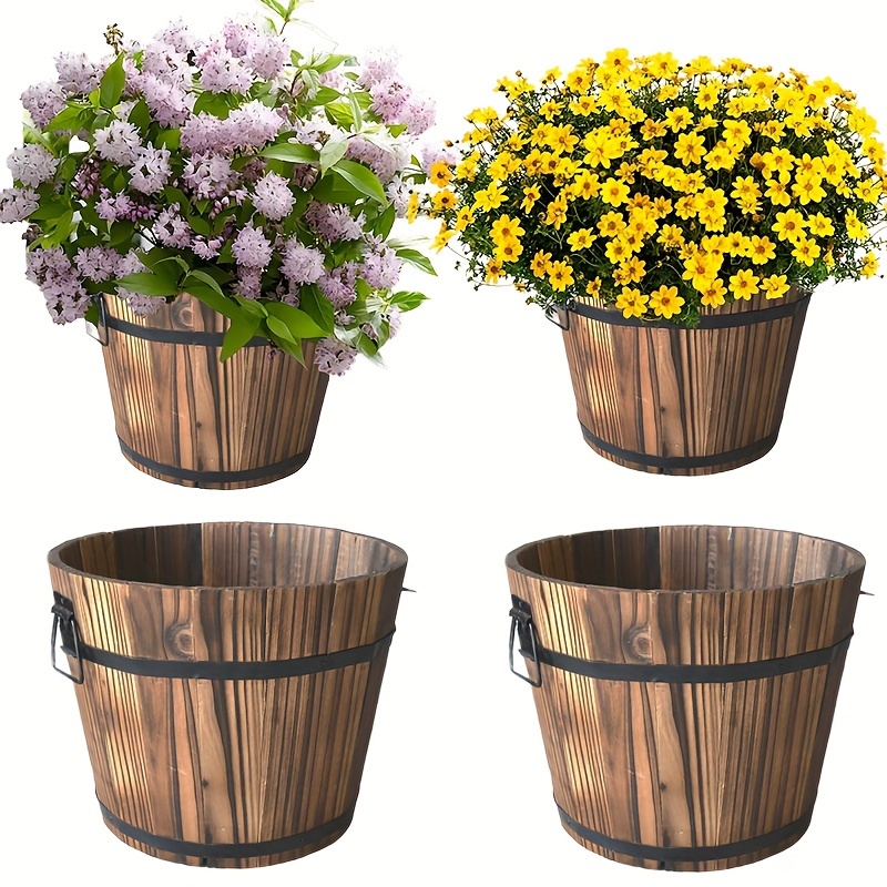 Set of 3 online Rustic Wood Bucket Barrel Garden Planters Set w/ Drainage Hole