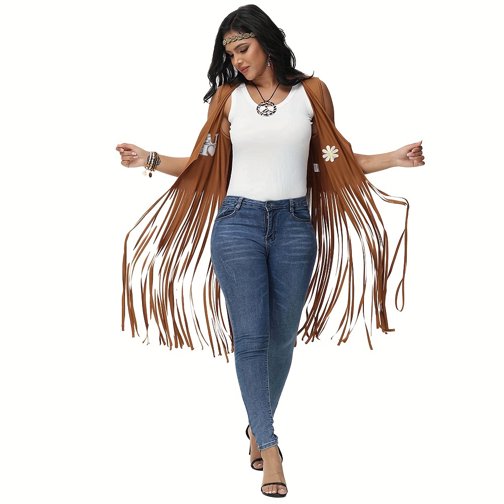Women Hippie Costume Set 70s Boho Fringe Vest Accessories Halloween Costume 60s 70s outfits women hippie costume clothes woman cowgirl  main image 4