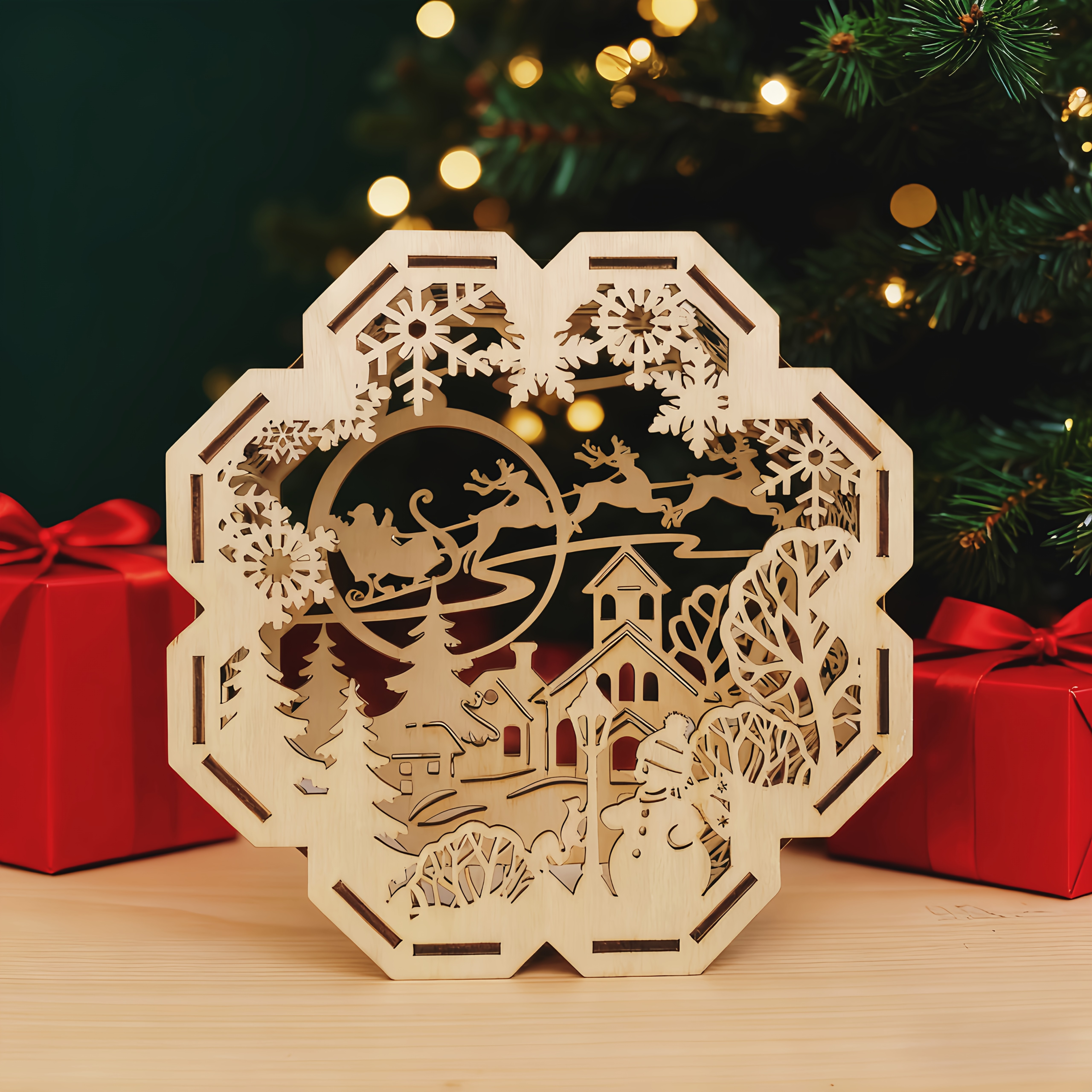 Image of Hand-patterned Laser-cut Holy Family Wooden Lantern - 3d Nativity Scene Christmas Decoration, Solid Wood Carved Tabletop/mantel Display With, Mary & Figures, Religious Holiday Gift Halloween