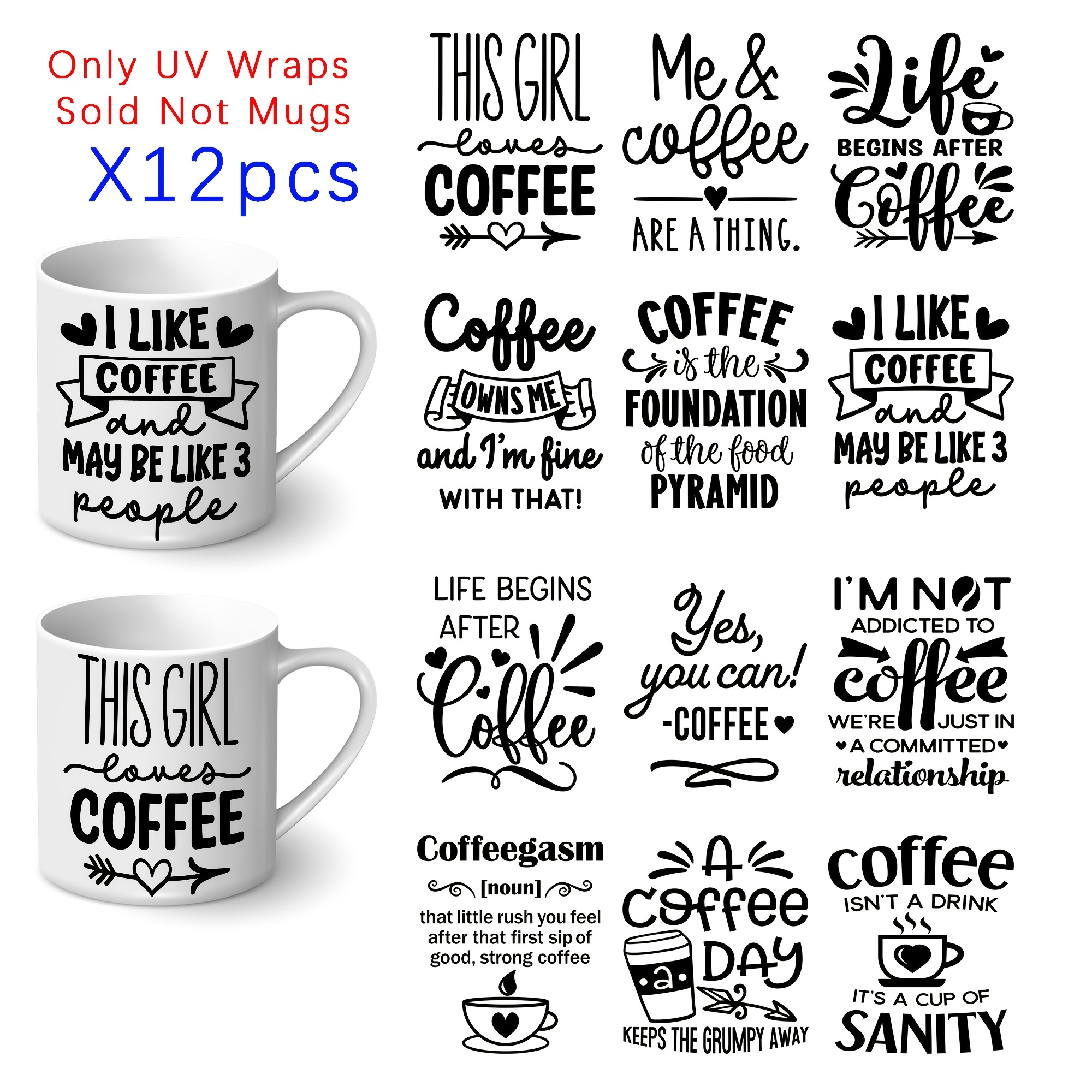 

12pcs Coffee Uv Dtf Cup Stickers - Waterproof Decorative Stickers For Mugs, Cups, Bottles, School Supplies, Arts Crafts, Diy Art Supplies - Easy To Apply, Long-, And Reusable