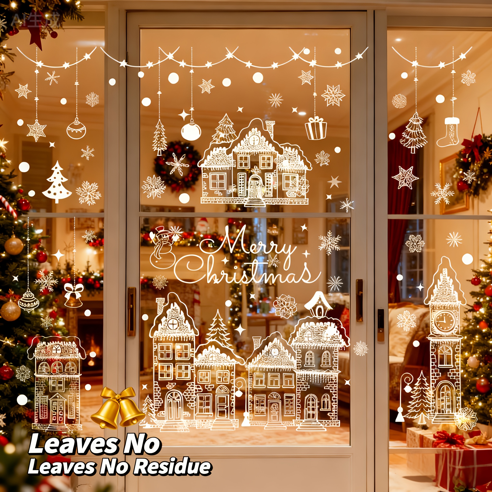 Image of 3pcs Christmas Window Clings Set - Snowy Houses, Snowflakes & 'merry Christmas' Design, Stickers For Holiday