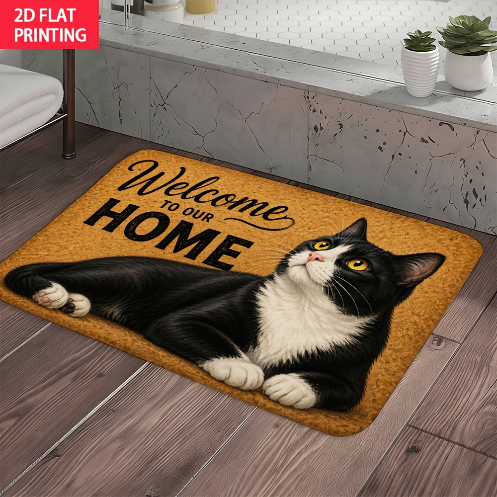 TEMU 2d Flat 1pc Cat And "welcome To " Slogan Flannel Anti-slip Doormat, Soft And Cozy, Gentle Decor, For Indoor Outdoor Use, Entrance, Living Room,