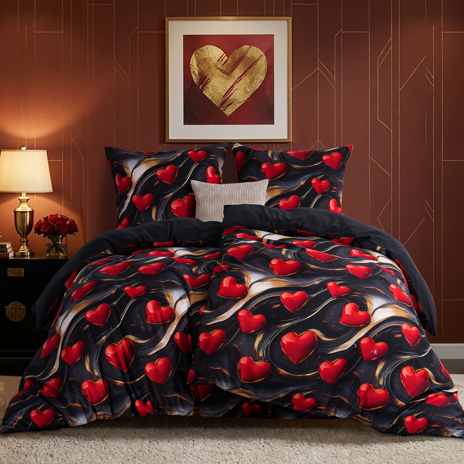 Bed 135x200 4pcs Hearts - Bed Sets, Duvet Cover 135 X 200 2pcs Set With 2 Pillowcases 80x80 Cm, The Fabric Is Soft, Comfortable And Breathable. Bedding Pattern Red Heart With Zipper